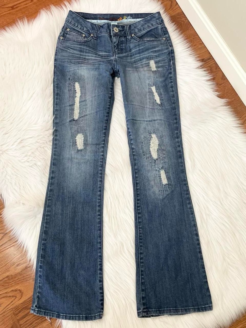 Mudd Distressed Bootcut Jeans in Medium Blue